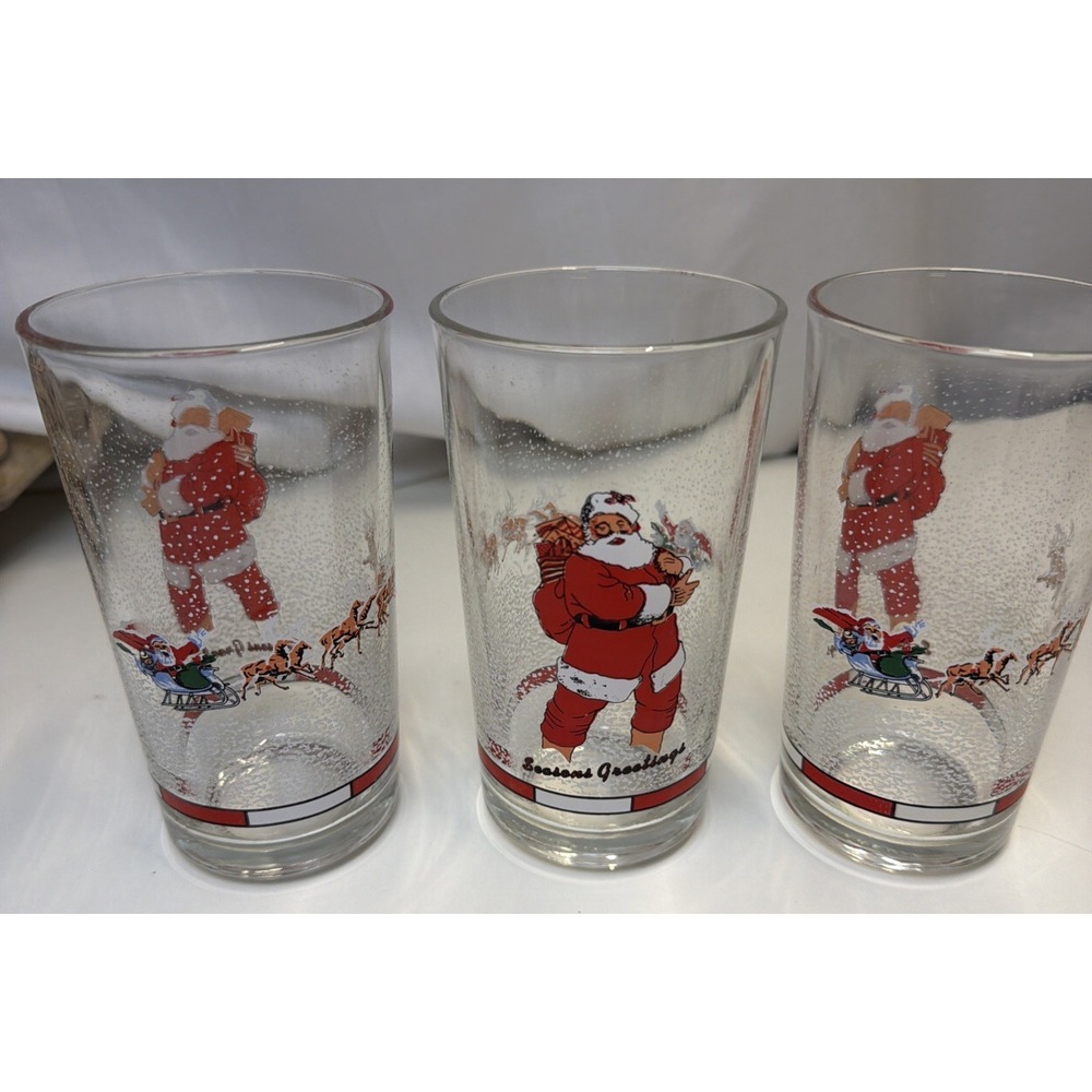 Vintage Firna Drinking Christmas Glass Tumbler Santa Sleigh Reindeers-Set Of 3